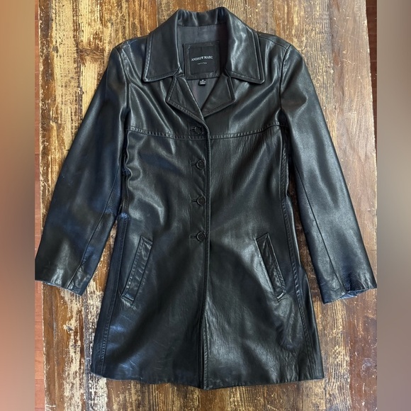 Andrew Marc Vintage Black Leather Jacket with Notched Lapel and Mid-Thigh Length - Picture 1 of 10